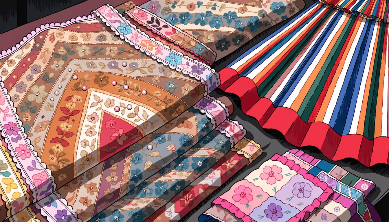 Folded embroidered textiles, striped fabric, ribbons, and beads arranged on a worktable.