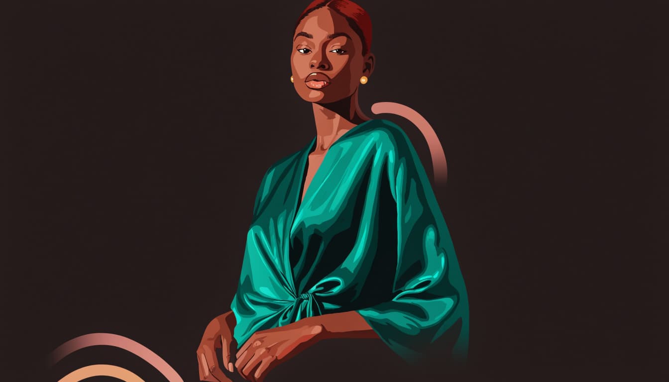 A woman in an emerald wrap dress poses against a charcoal studio backdrop.