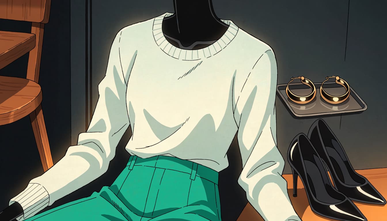Emerald trousers and an ivory top displayed with gold earrings and black heels.