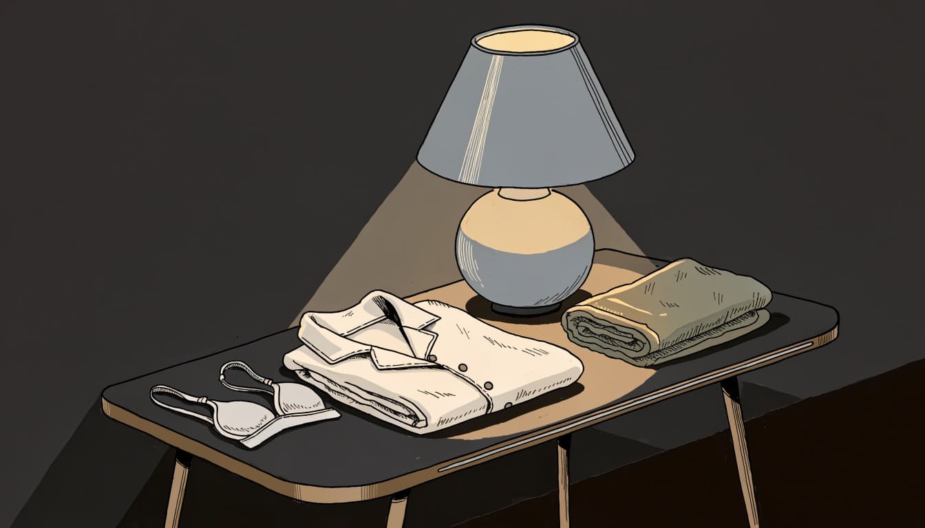 Folded sleepwear, a soft bra, and a towel sit on a nightstand in warm light.