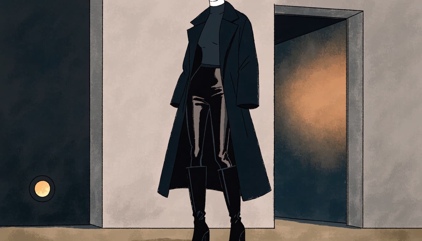 A dress form in a dark coat, leggings, and knee-high boots at a lit doorway.
