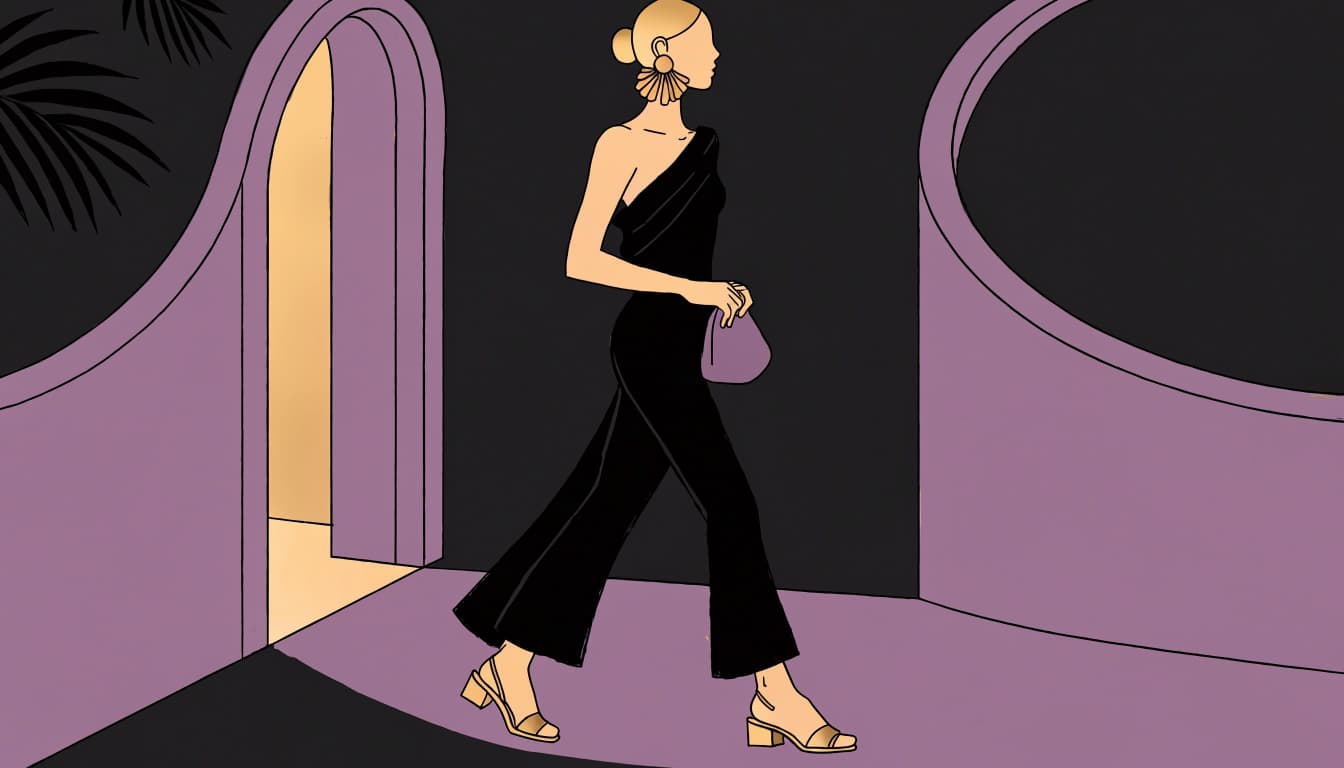 A woman in a black jumpsuit stands by a curved restaurant doorway.