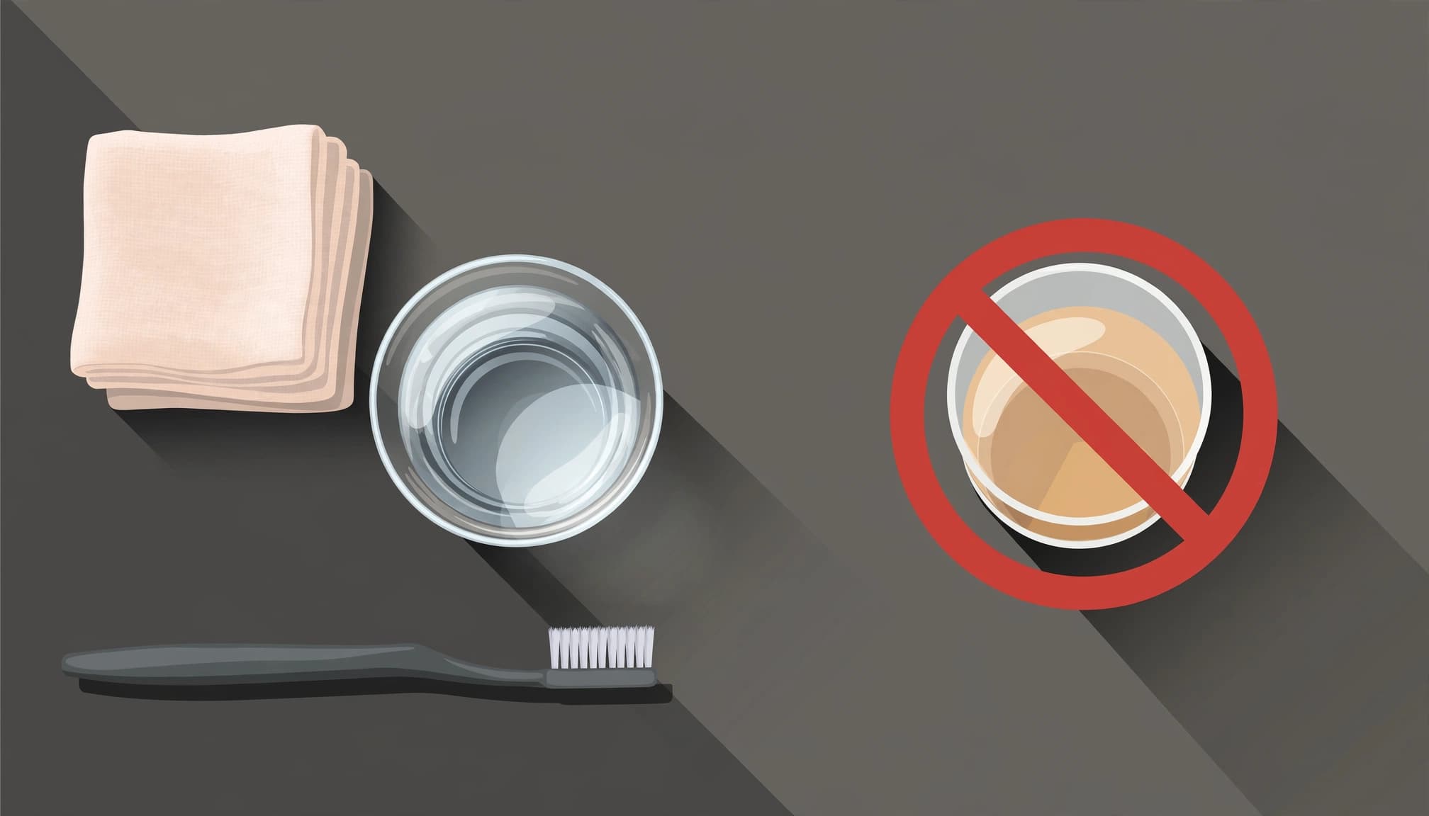 Gauze, water, and a toothbrush sit apart from a crossed-out alcohol glass on a bathroom counter.