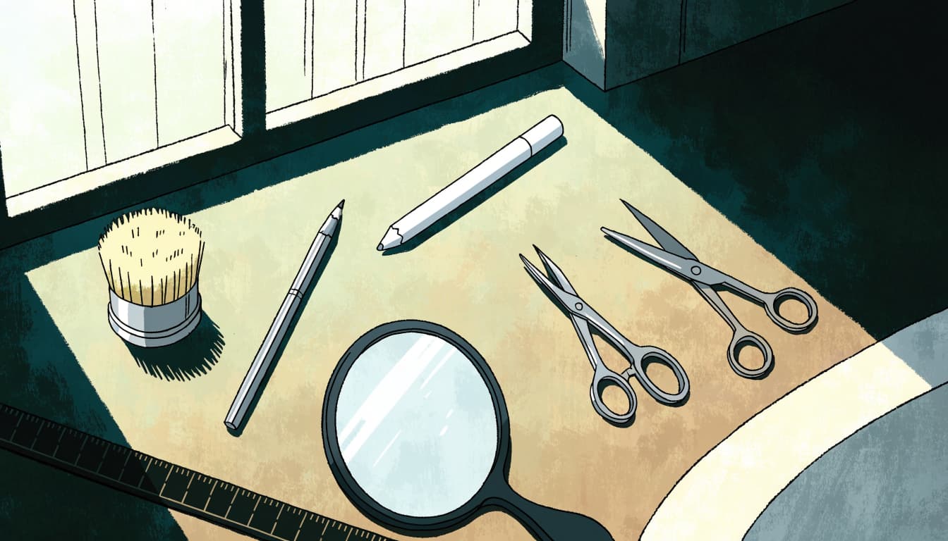 Eyebrow grooming tools arranged separately on a bright bathroom counter.