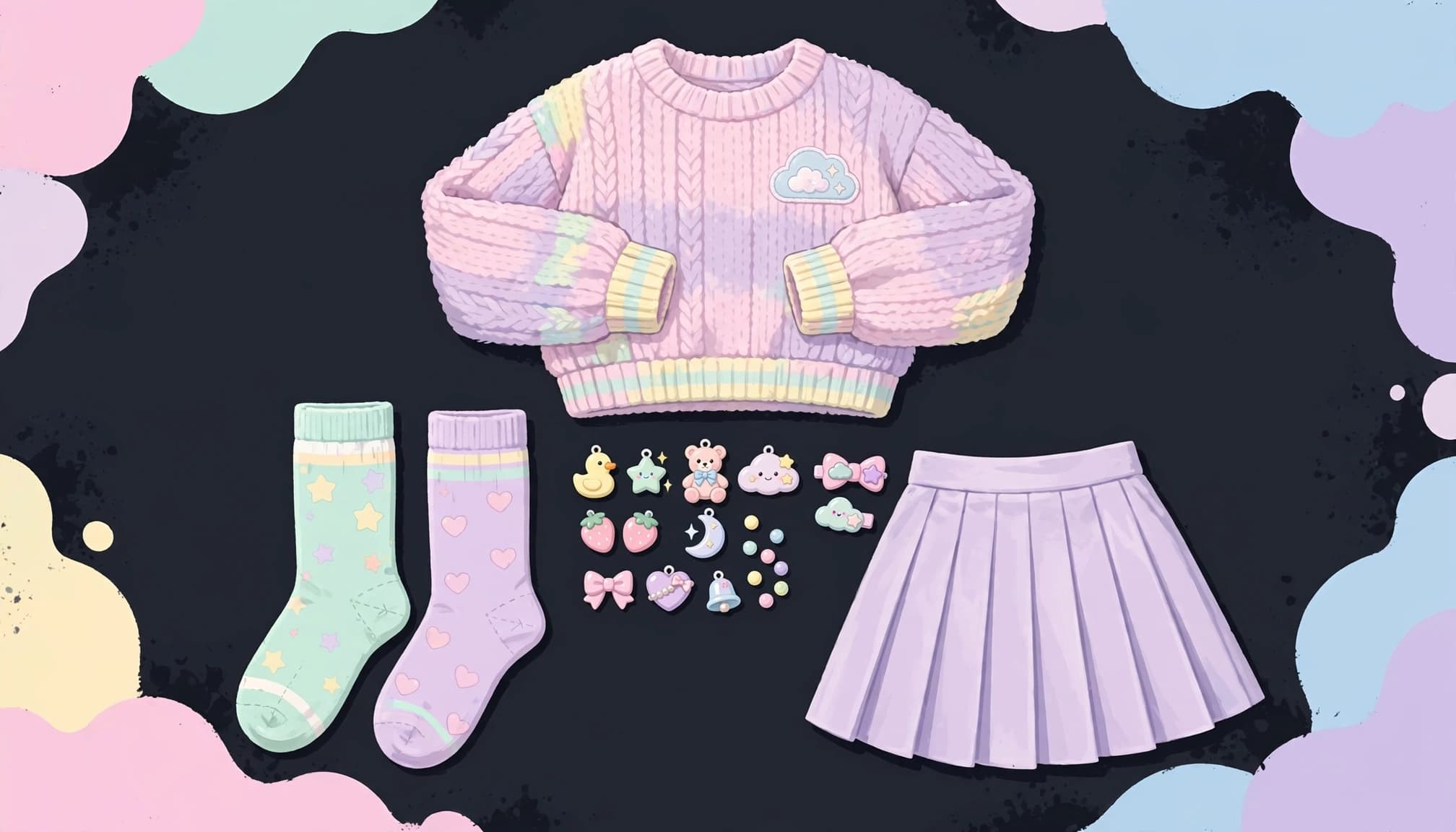 A pastel sweater, pleated skirt, colorful socks, and tiny charms arranged on a dark backdrop.
