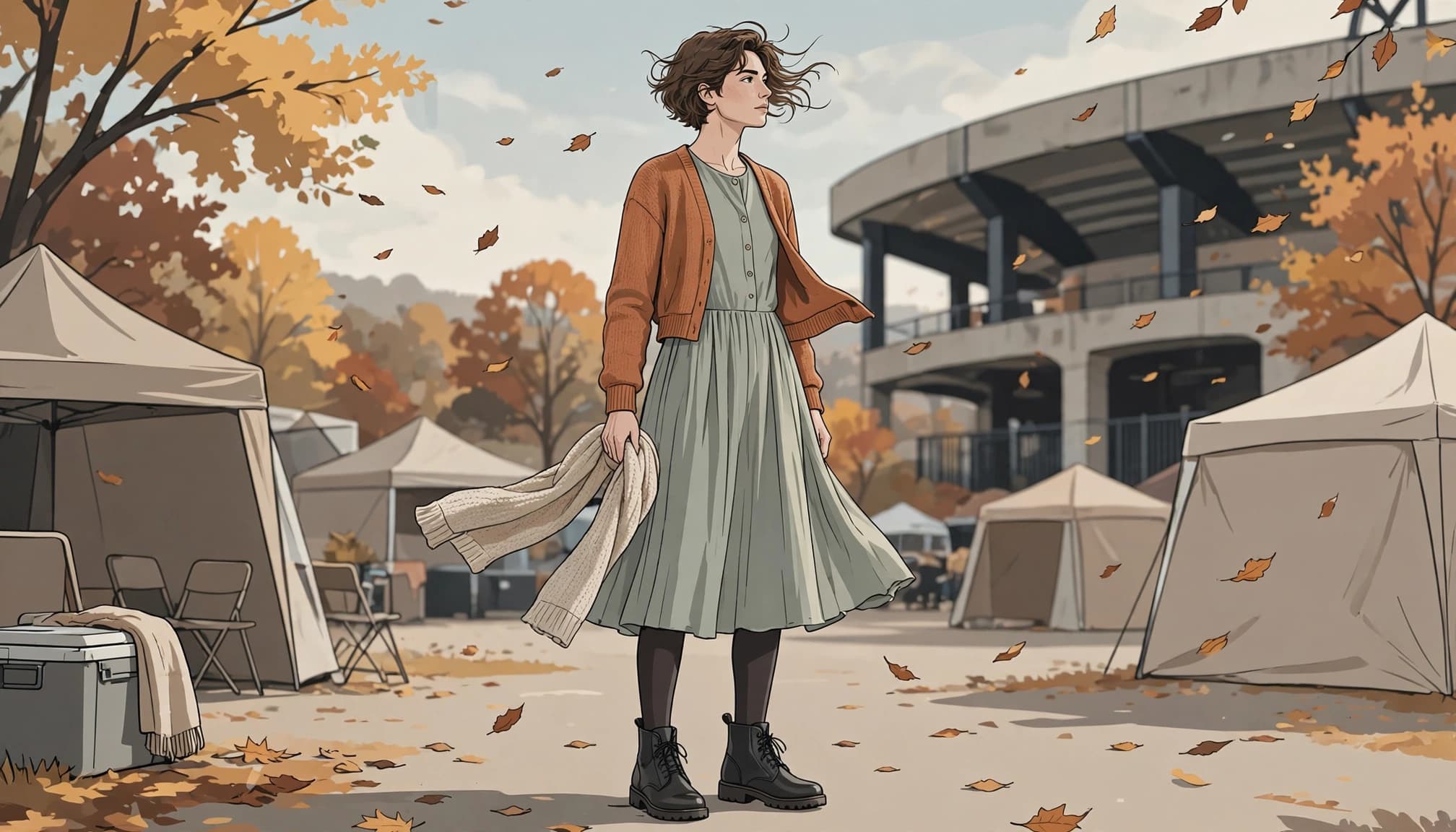 A person in a dress, cardigan, tights, and boots holds a scarf near a stadium.