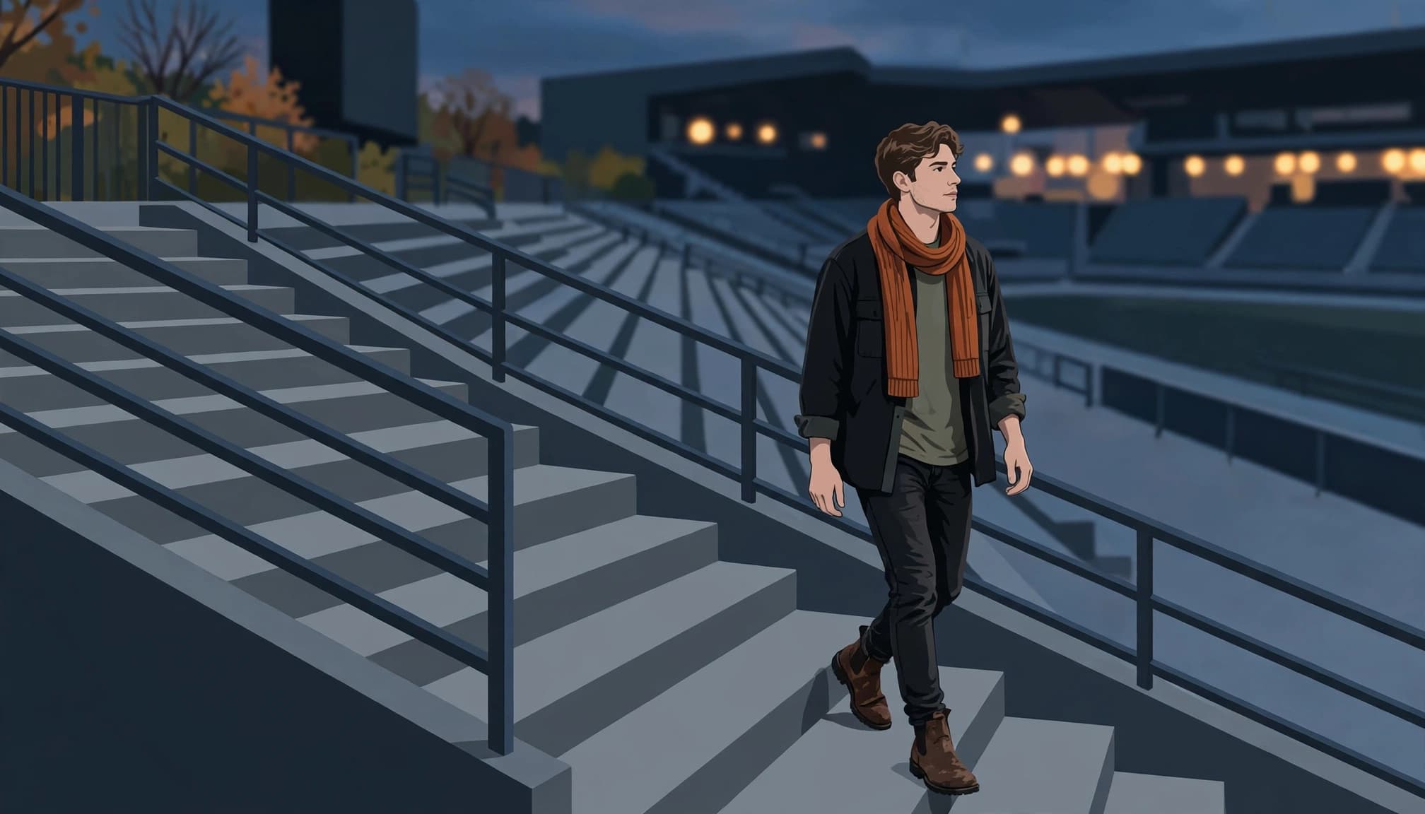 A person in warm layers walks down stadium steps at dusk.