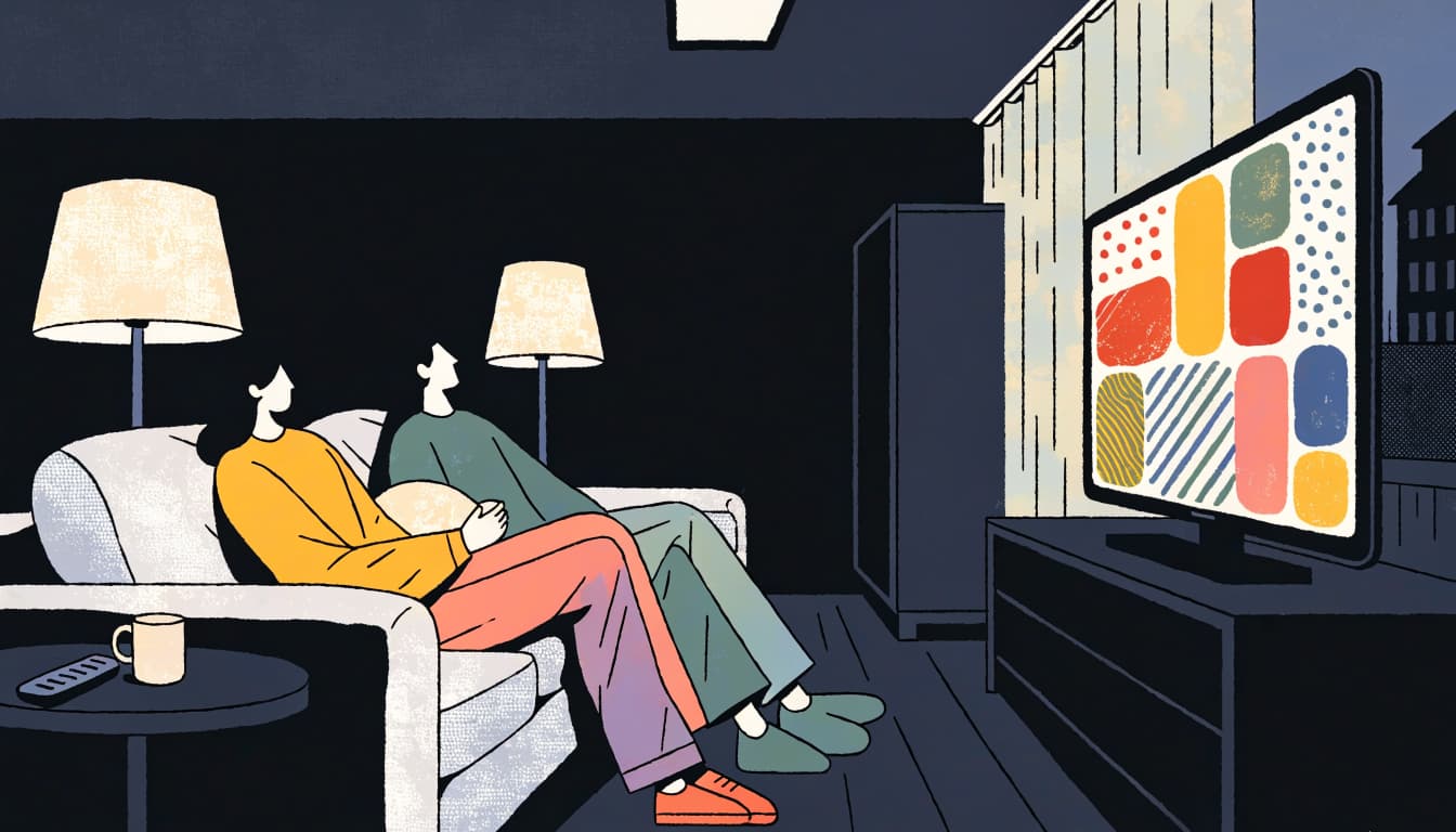 Two adults relax on a couch facing a television with colorful tiles.