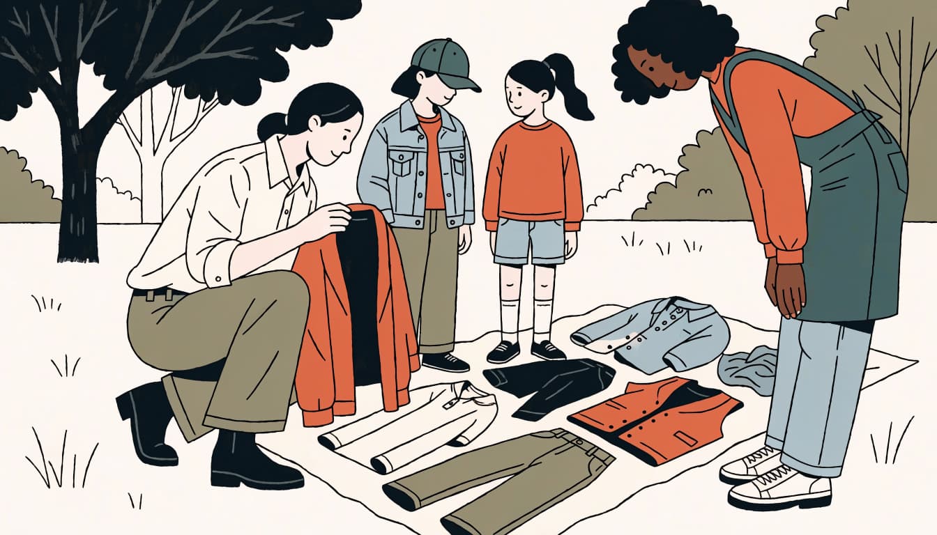 A family reviews fall outfits spread across a picnic blanket in a park.