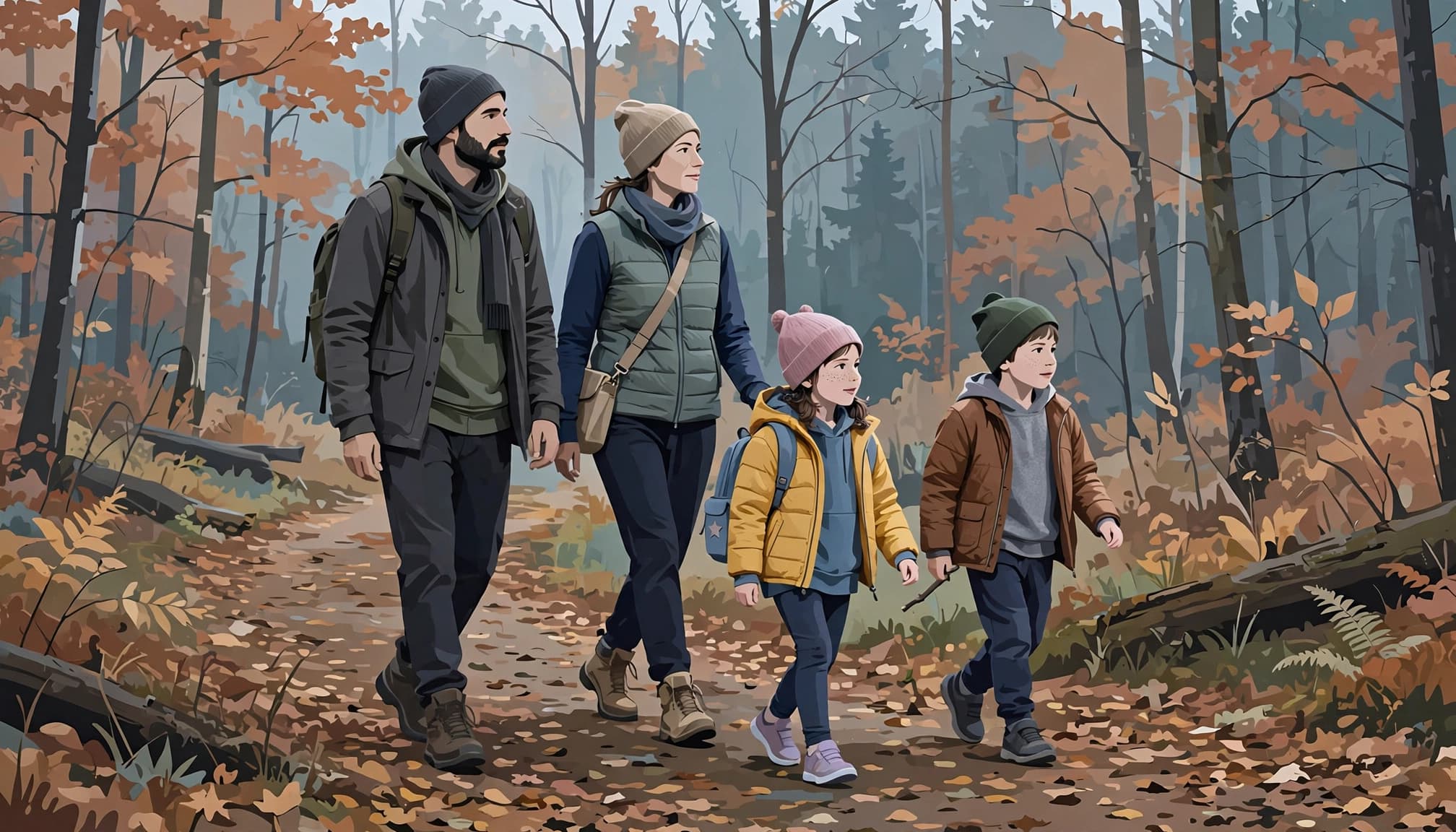 Two adults and two children walk on a leafy forest path in layered clothes.