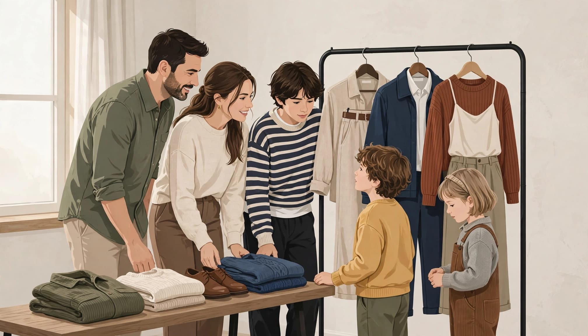 A family of five reviews outfits arranged on a rack and bench.