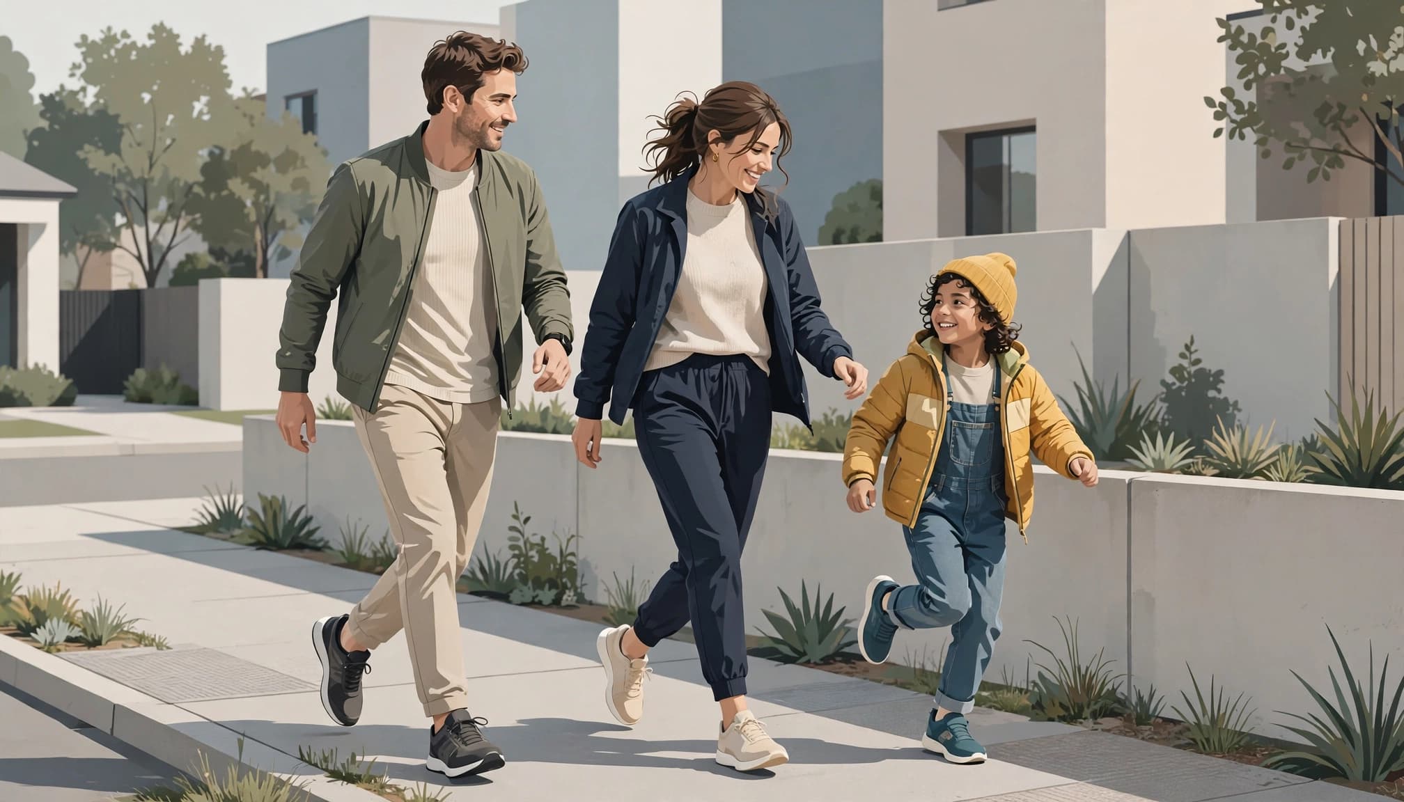 Two parents and a child walk together in casual clothes and practical shoes.