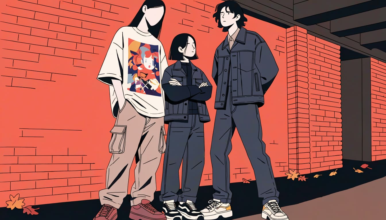 Two adults and a teen pose in casual streetwear in a brick courtyard.