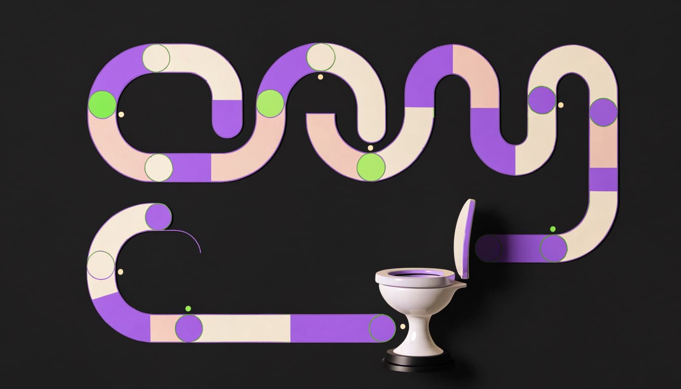 A winding bracket path leads to a large porcelain toilet bowl trophy.