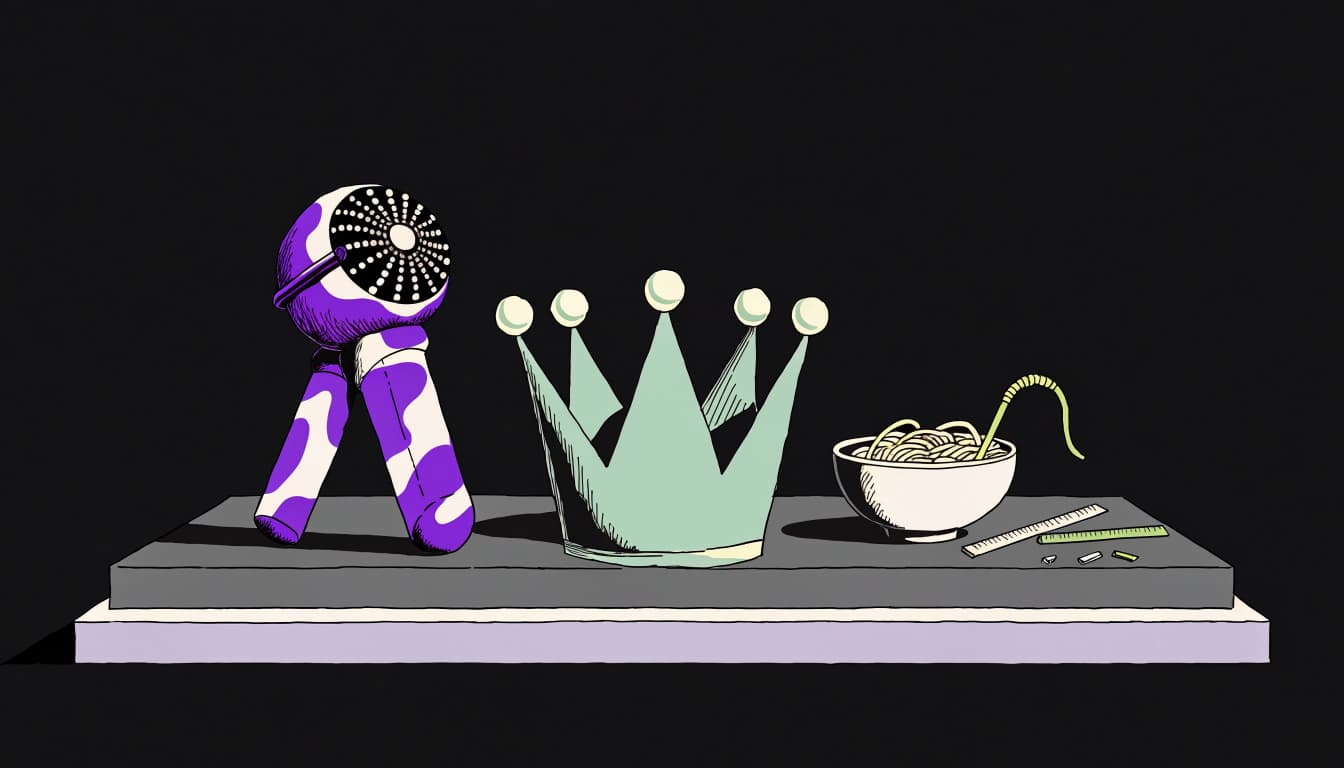 A microphone, foam crown, and bowl of noodles arranged on a small stage.