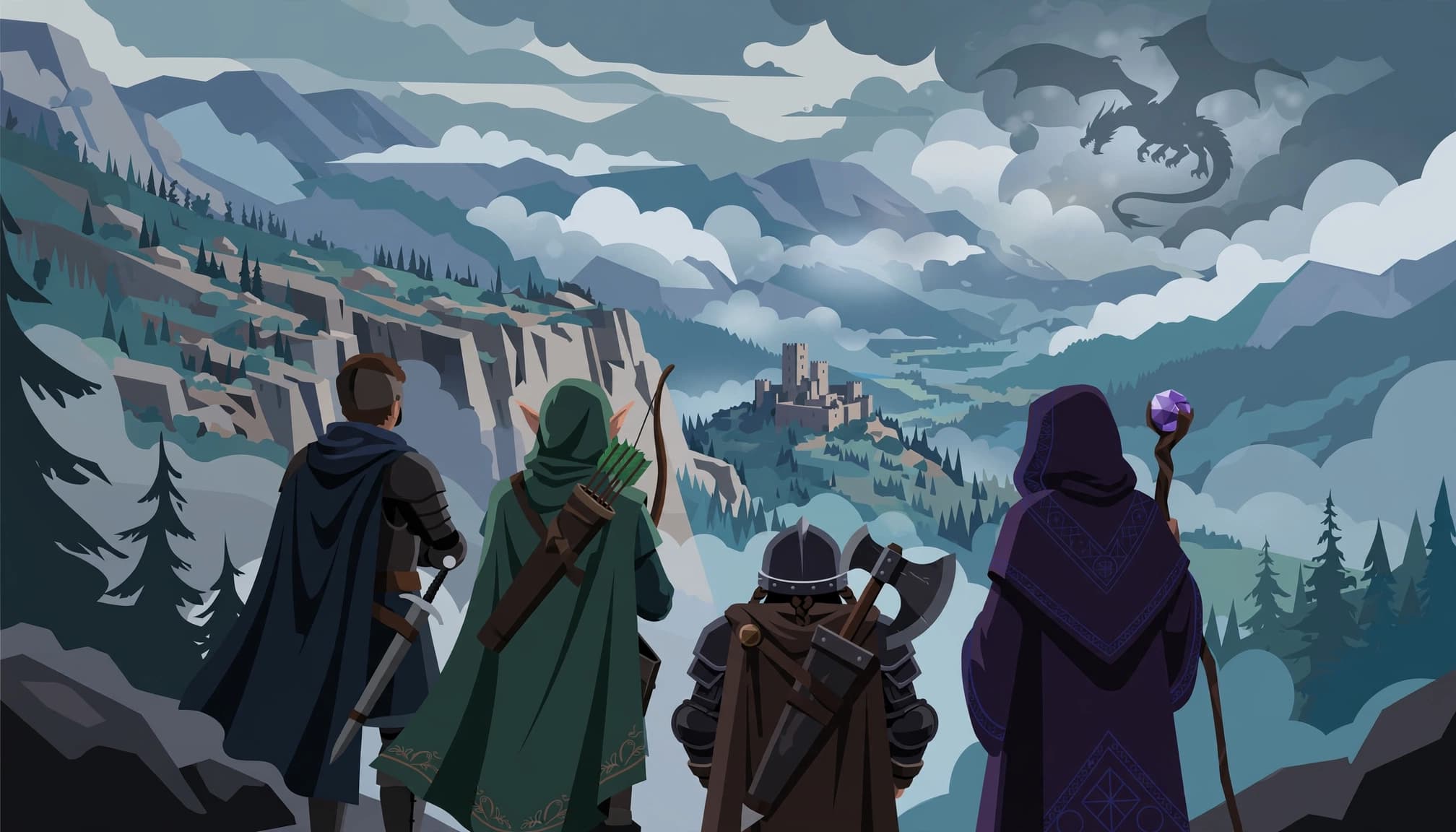 Four fantasy travelers look toward a distant keep beneath a dragon in the clouds.