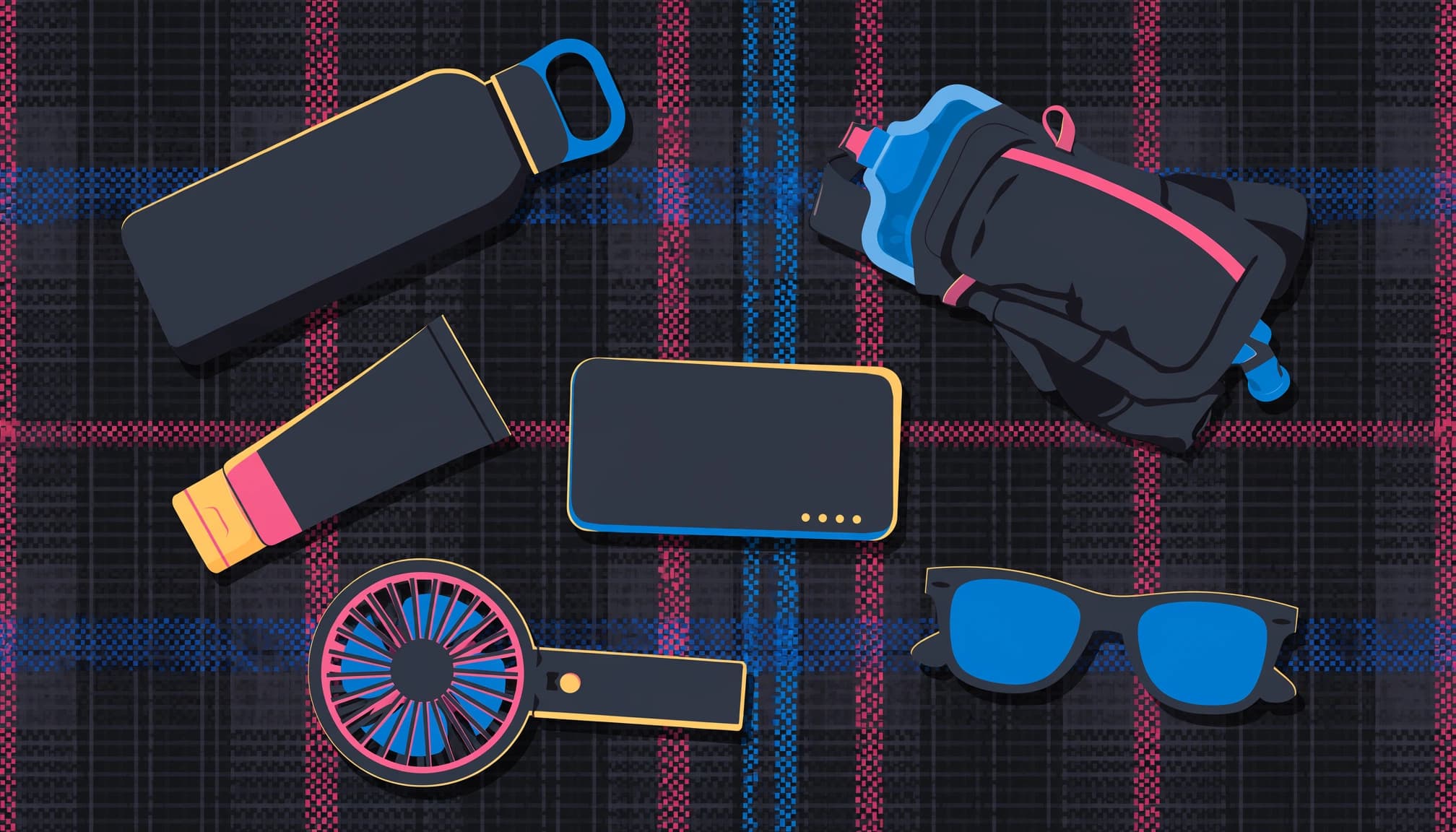 Festival supplies arranged on a picnic blanket, including a bottle, sunscreen, sunglasses, and fan.