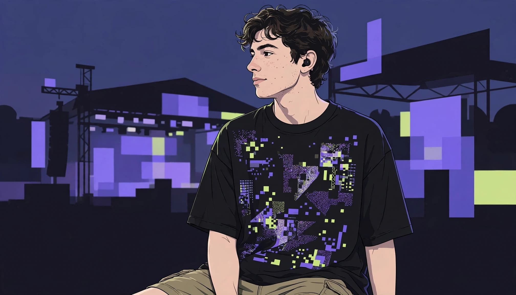 A festivalgoer in a black graphic tee and shorts stands before distant stage lights at dusk.