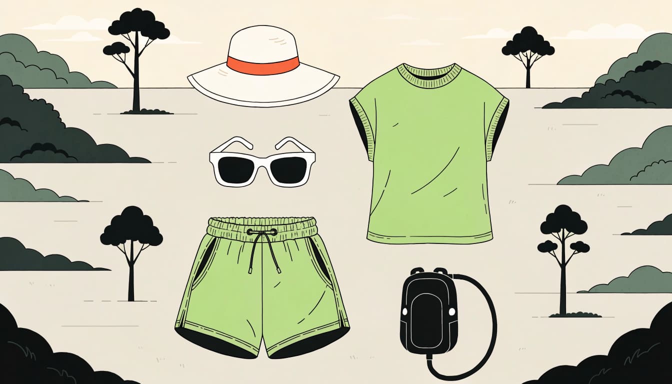 A tee, shorts, sun hat, sunglasses, and hydration pack arranged in a sunny forest clearing.