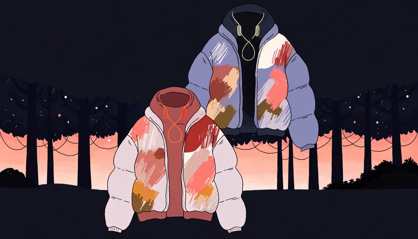 A patched hoodie and light jacket displayed at a forest stage at dusk.