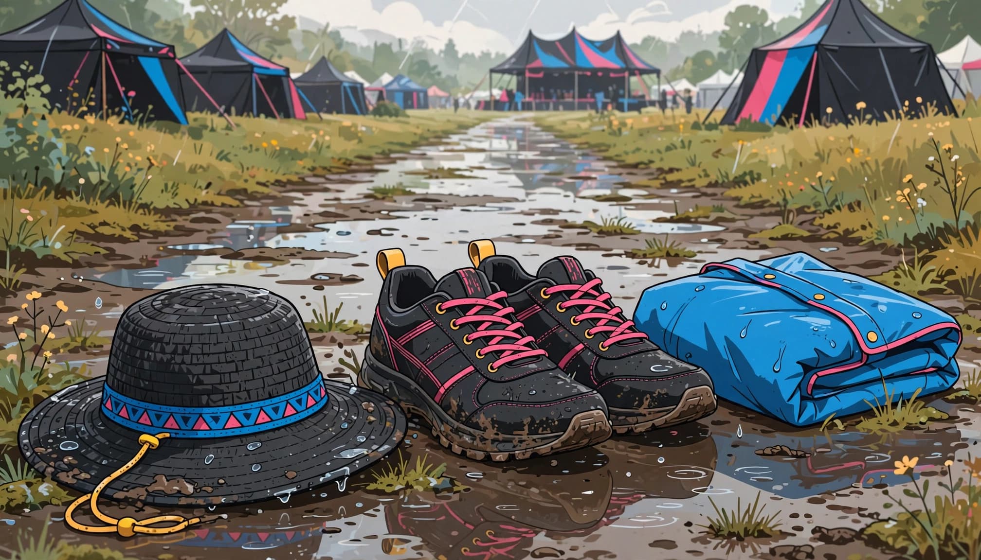 Sneakers, a rain poncho, and a sun hat rest on a muddy path near festival tents.