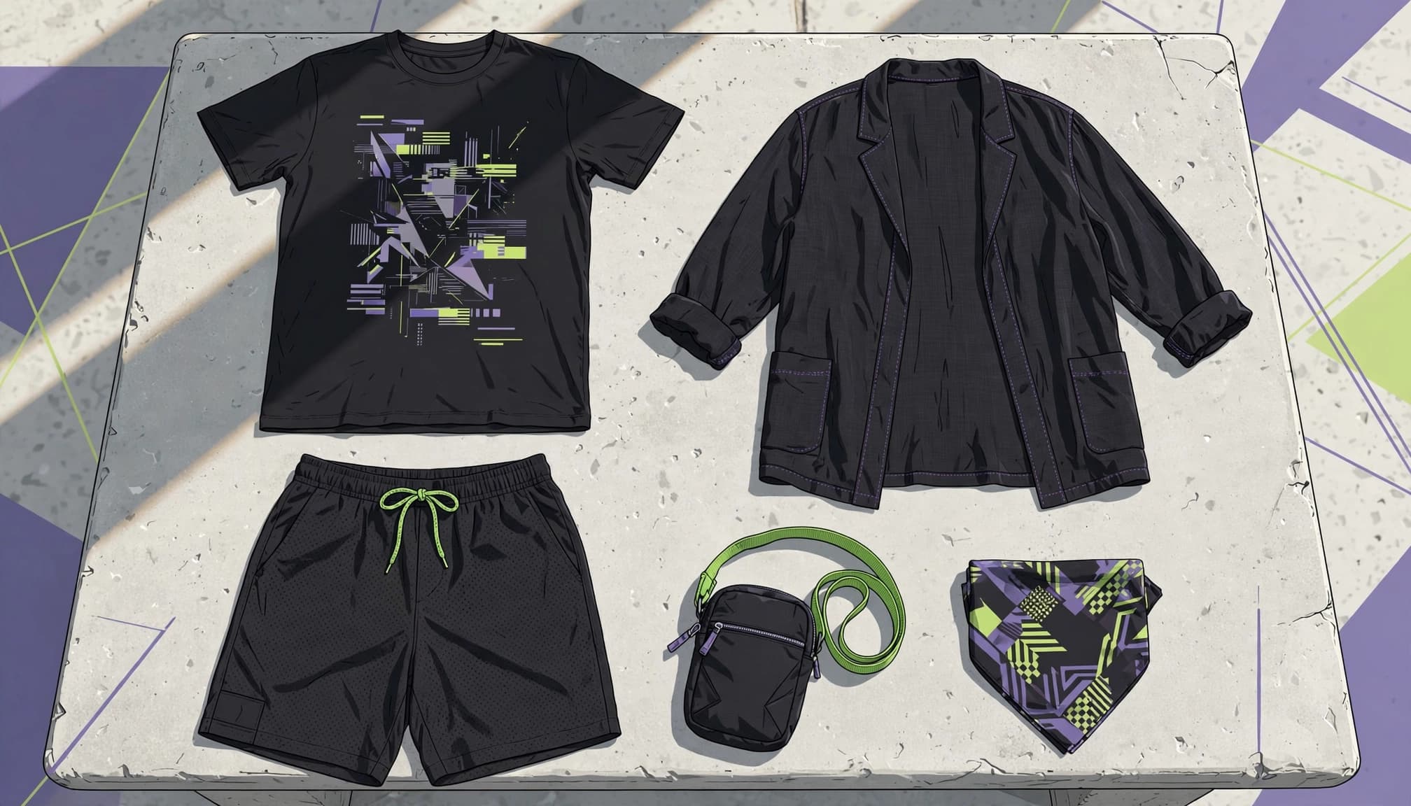 A charcoal graphic tee with shorts, an open overshirt, pouch, and folded bandana.