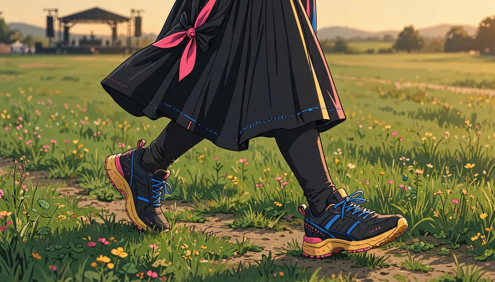 A skirt and sturdy sneakers stepping across sunlit festival grass.