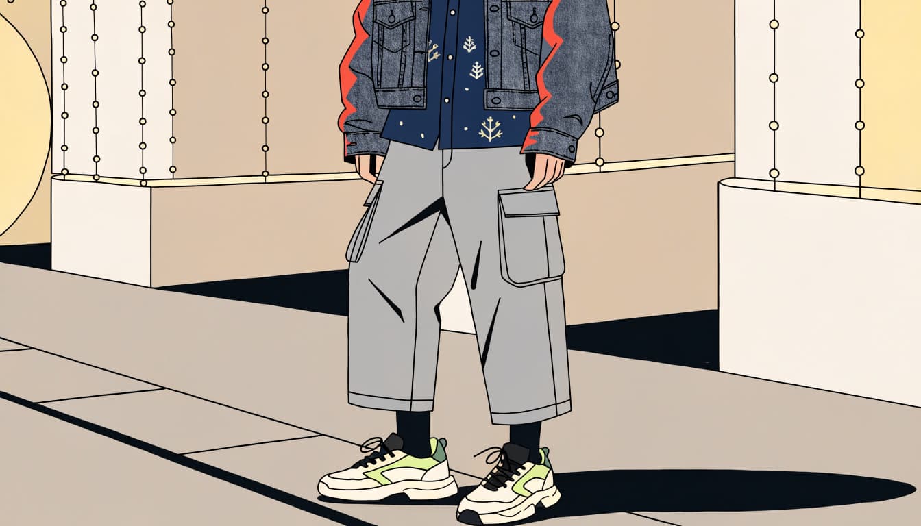 A person in a holiday shirt, denim jacket, cargo pants, and sneakers on a city sidewalk.