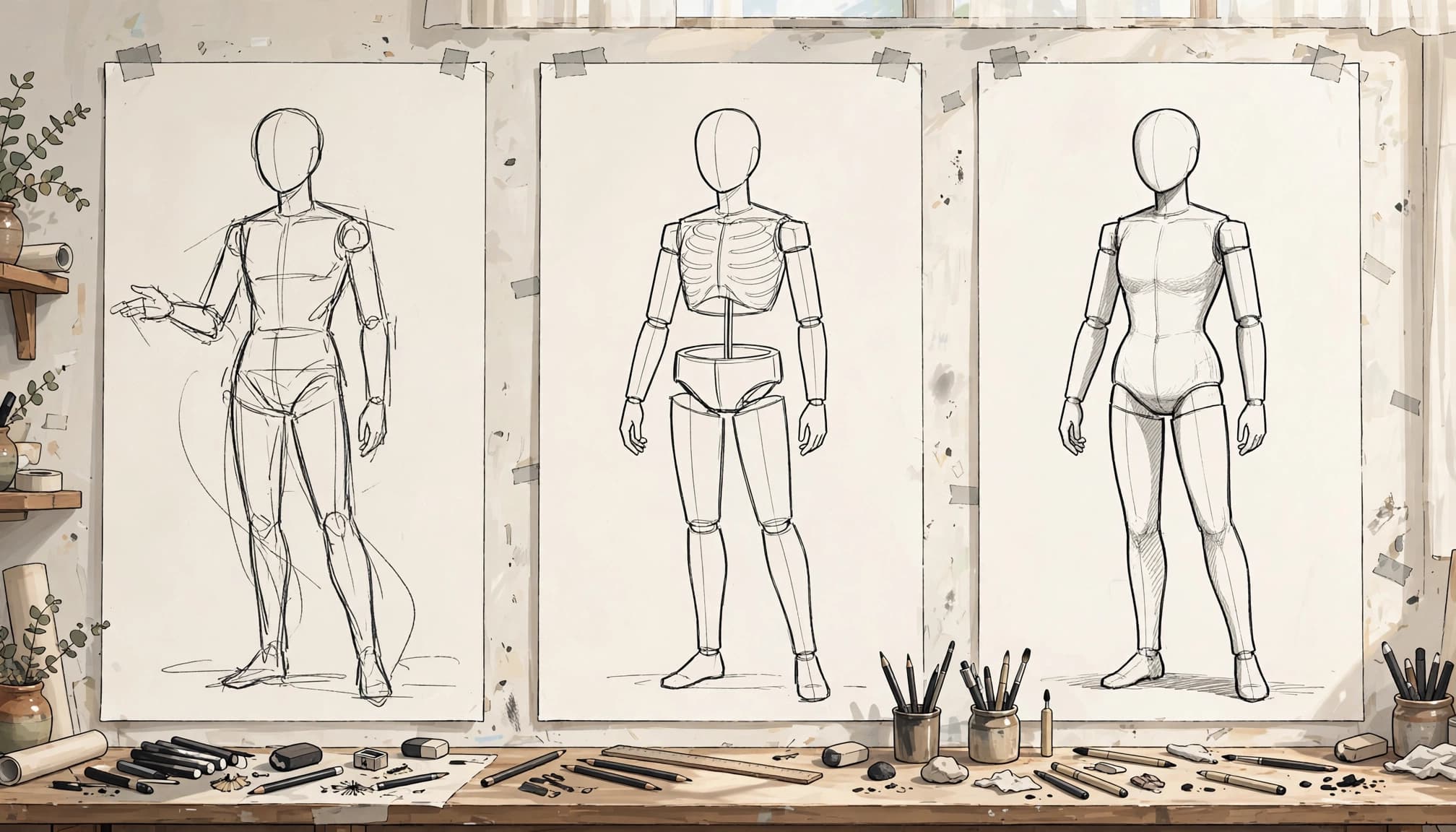 An anime-style studio drawing showing three stages of a mannequin's construction on large panels.