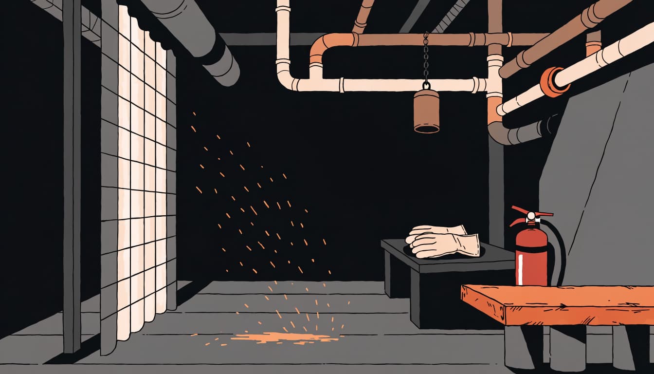 A welding curtain shields a workpiece, with a covered floor, extinguisher, and gloves nearby.