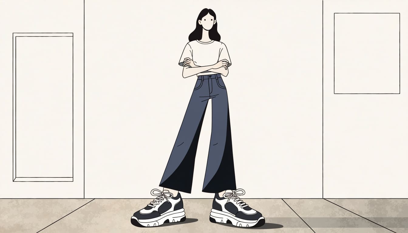 A woman wears dark flared jeans, a fitted white tee, and chunky sneakers on a city sidewalk.