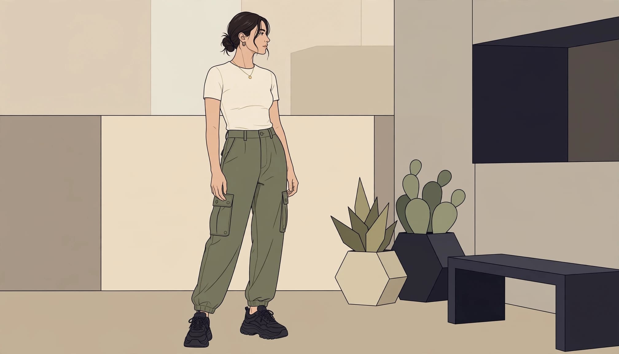 A figure in a fitted top and loose olive cargo pants stands in a courtyard.