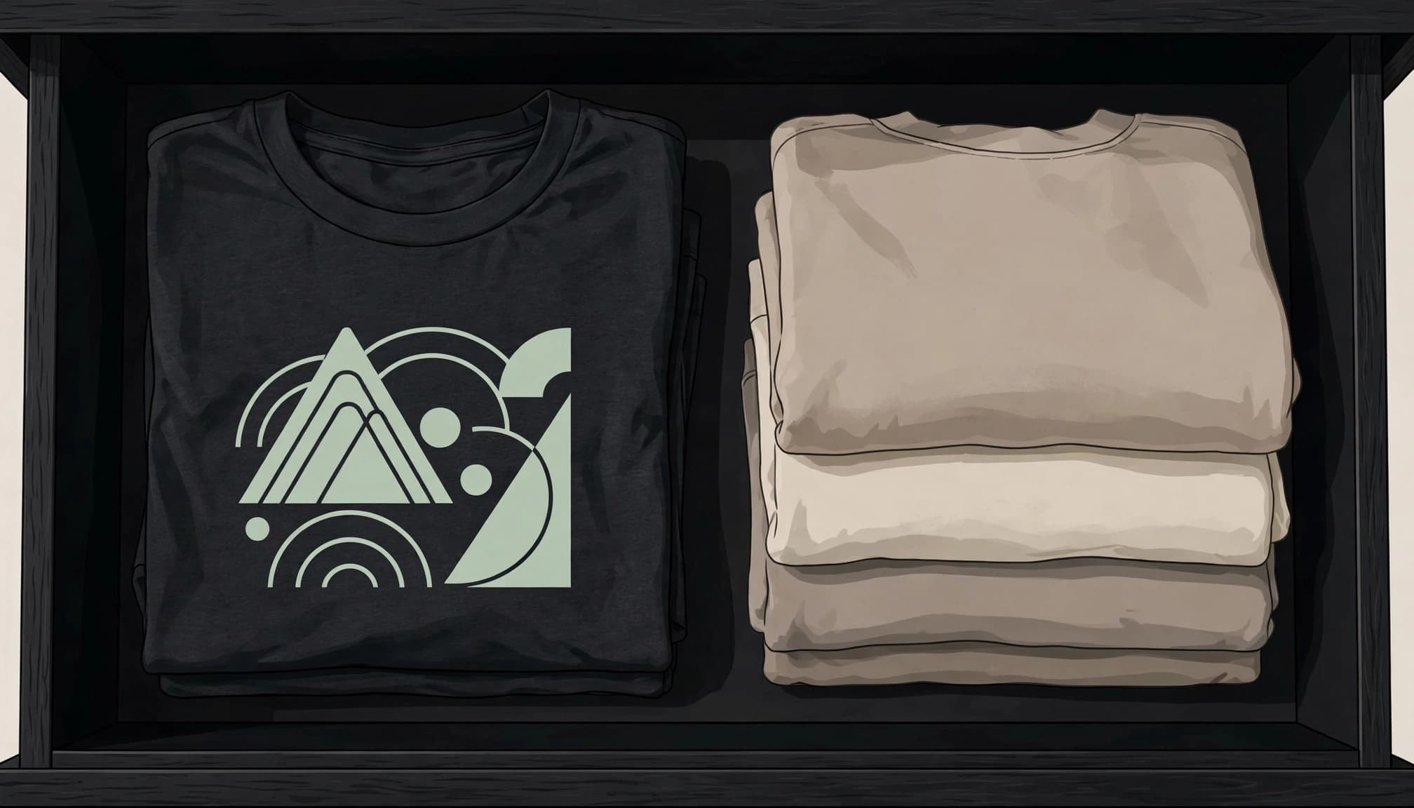 A folded graphic T-shirt rests beside neutral clothes in an open drawer.
