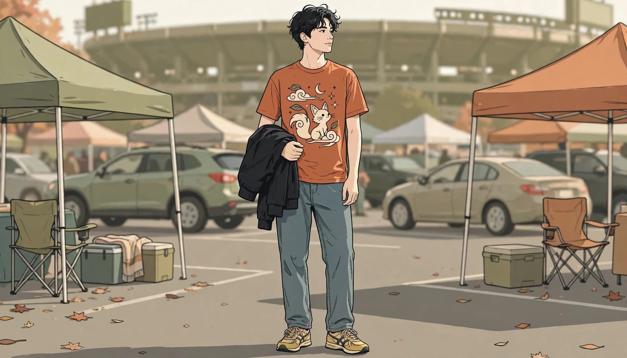 A young adult in a graphic tee, jeans, and retro sneakers holds a folded jacket at a tailgate.