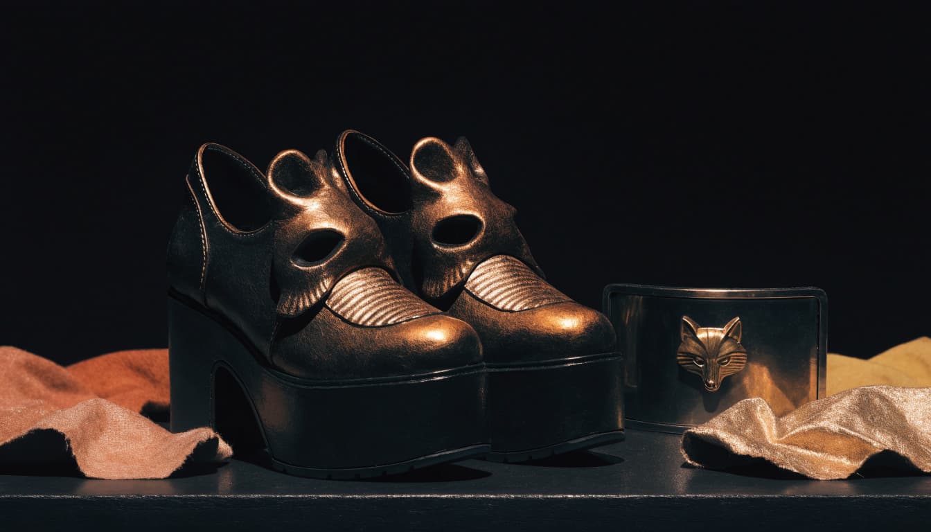 Fox-inspired platform shoes and a gold-accented belt buckle sit on a dark shelf.