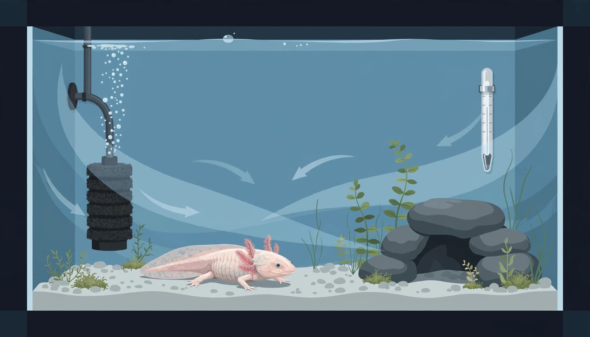 An axolotl in a cool aquarium with plants, a hide, thermometer, and sponge filter.