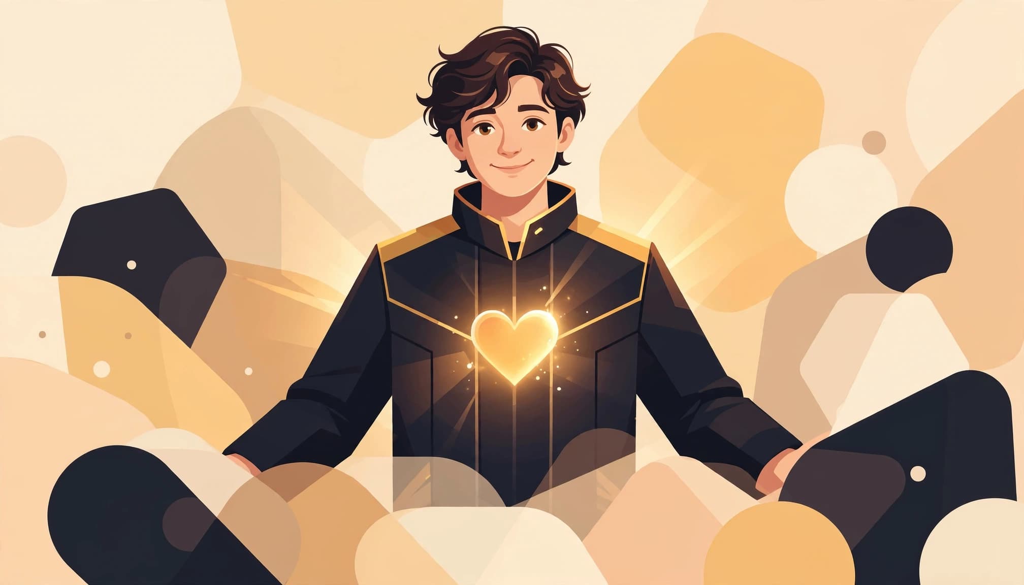 A friendly illustrated person with an open posture and glowing heart motif.