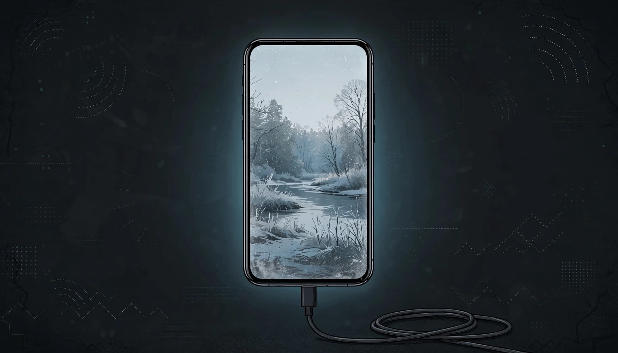 A smartphone shows a frozen video screen beside a charging cable in a dark room.