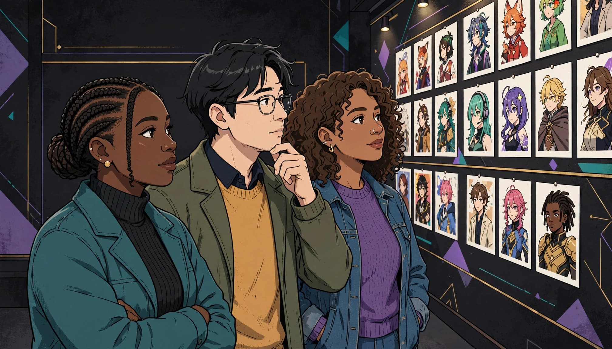 Three adult fans view colorful character art on a gallery wall.