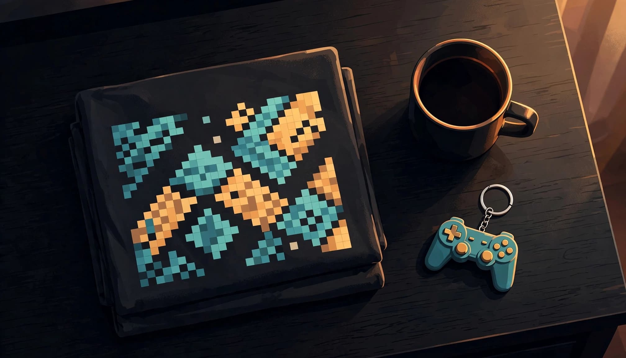 A folded pixel-art shirt, coffee mug, and controller keychain sit on a dark table.