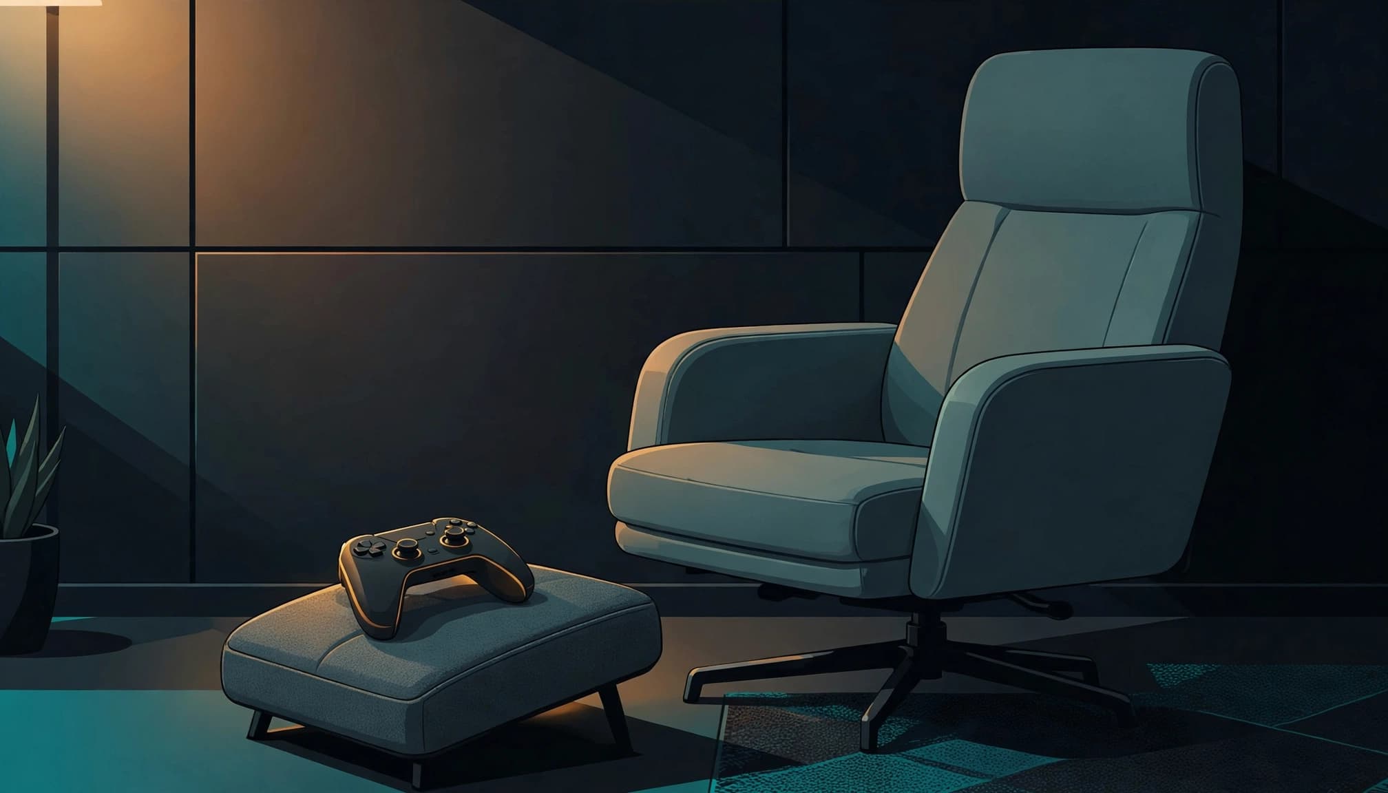 A supportive gaming chair beside a footrest and controller.