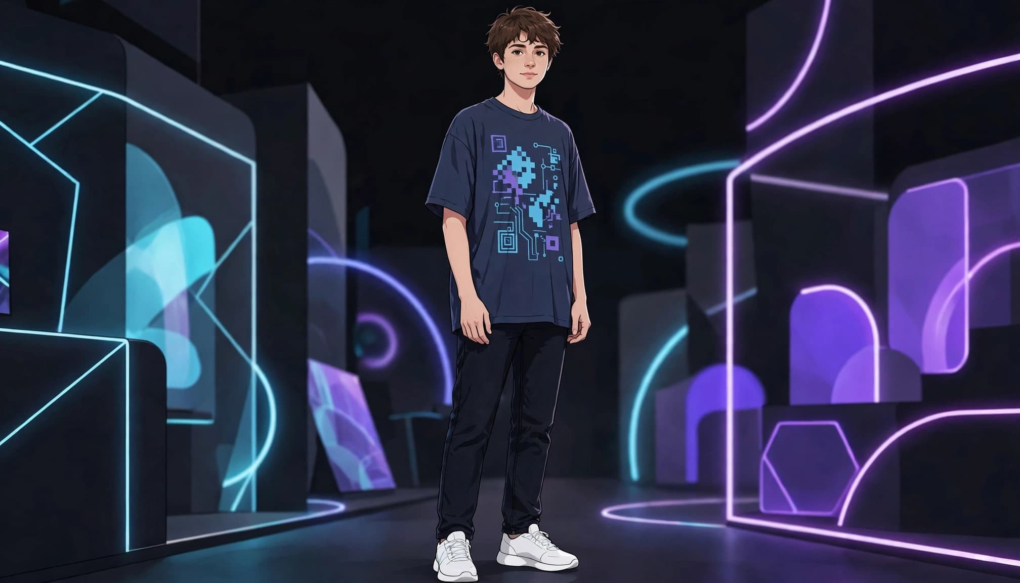 A young attendee in a gaming shirt, dark jeans, and white sneakers at a convention.