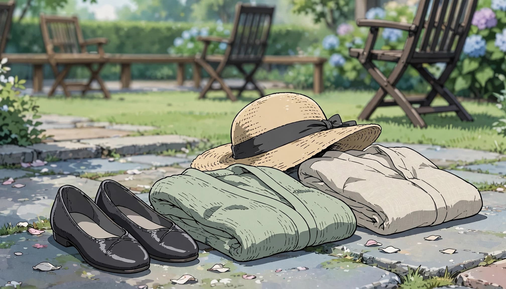 Flats, a cardigan, sun hat, and folded linen shirt arranged on a garden patio.