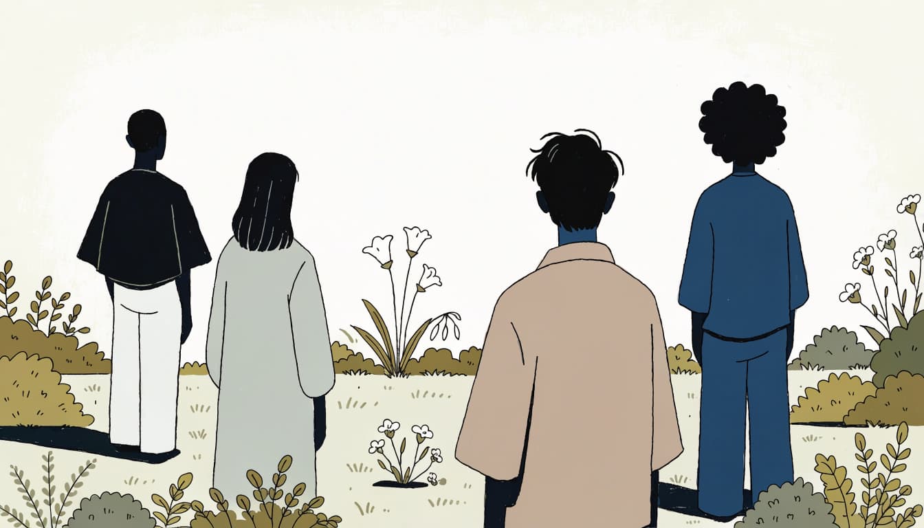 Four guests in muted clothing gather among flowers in a garden.