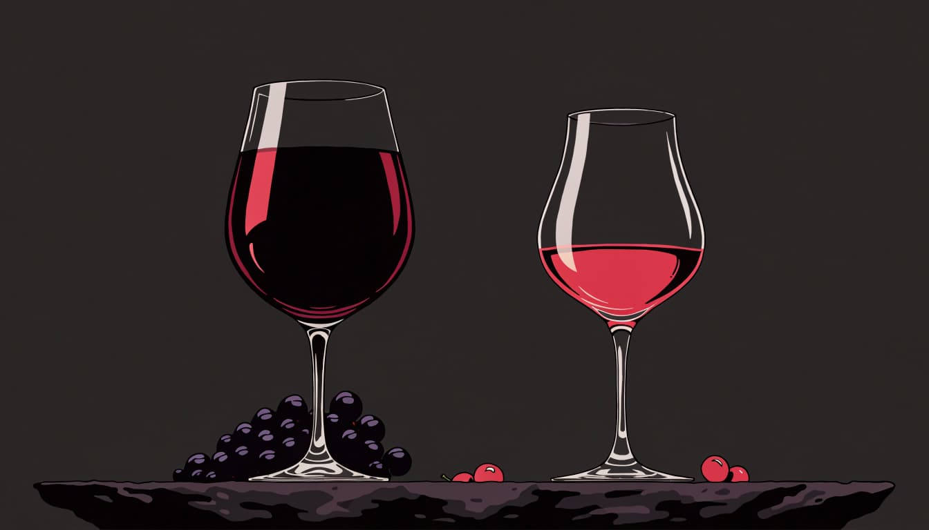 Two glasses of red wine sit beside dark grapes and cherries on a charcoal surface.