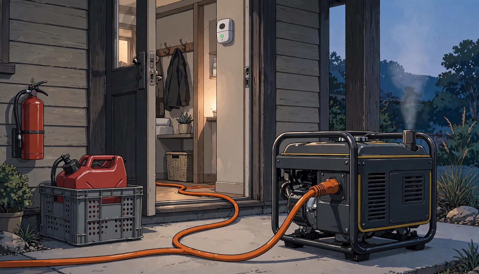 A generator and cord sit apart from a fuel container, with an alarm visible inside the home.