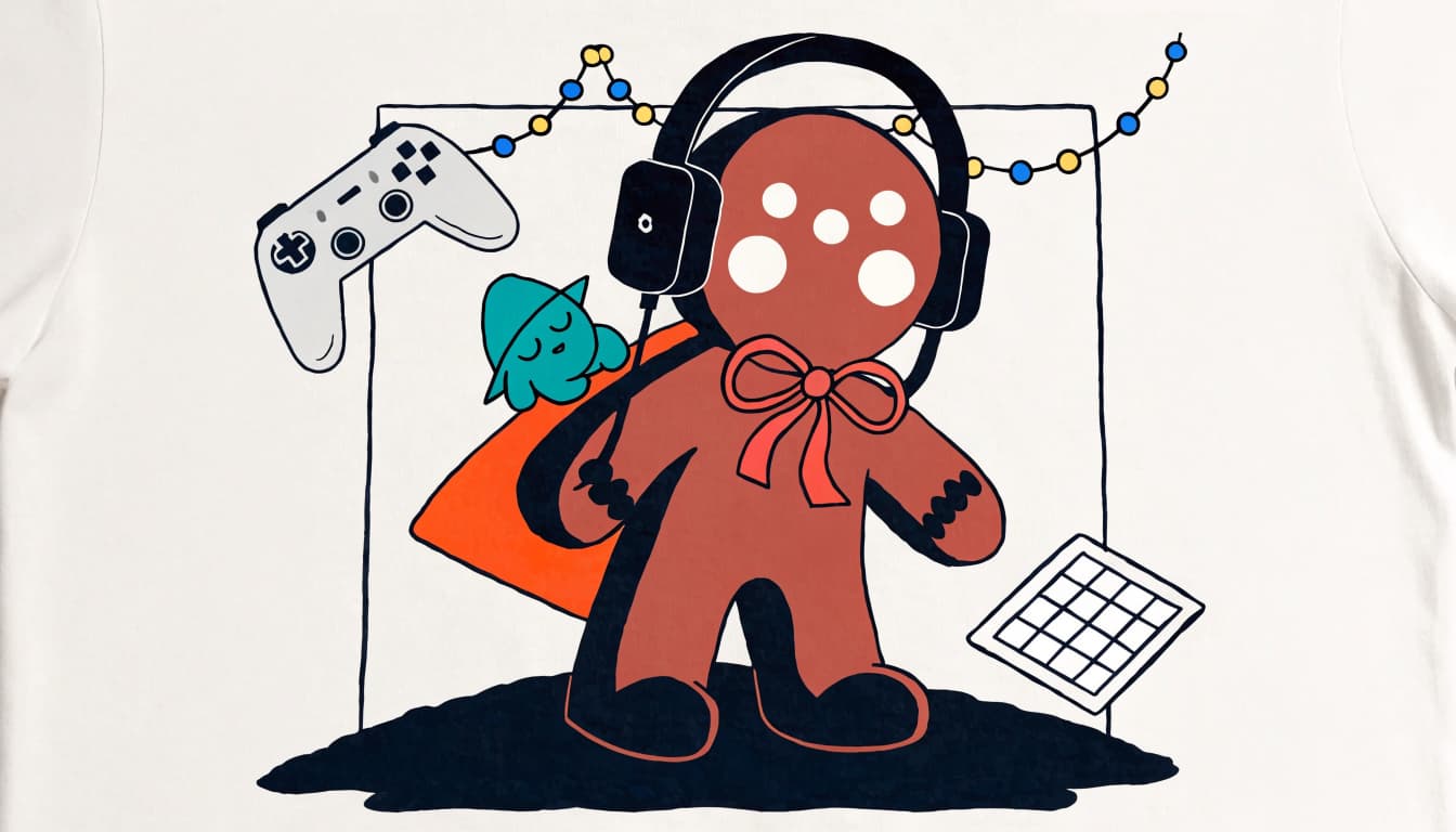 A gingerbread gamer and sleepy elf appear on a holiday shirt graphic.