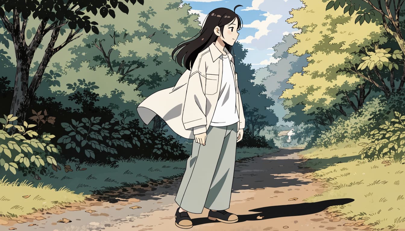 A girl in a light jacket stands among fallen leaves on a sunny path.