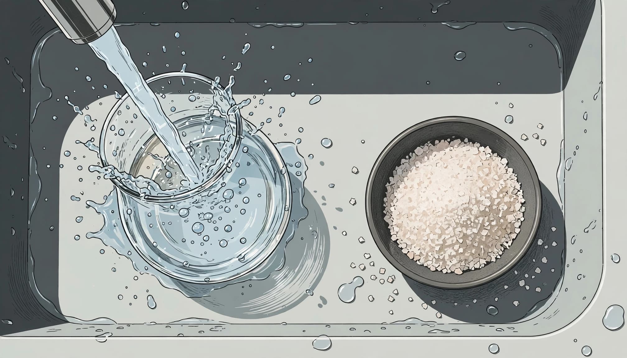 Clear glass rinsed beside coarse salt in a clean sink.