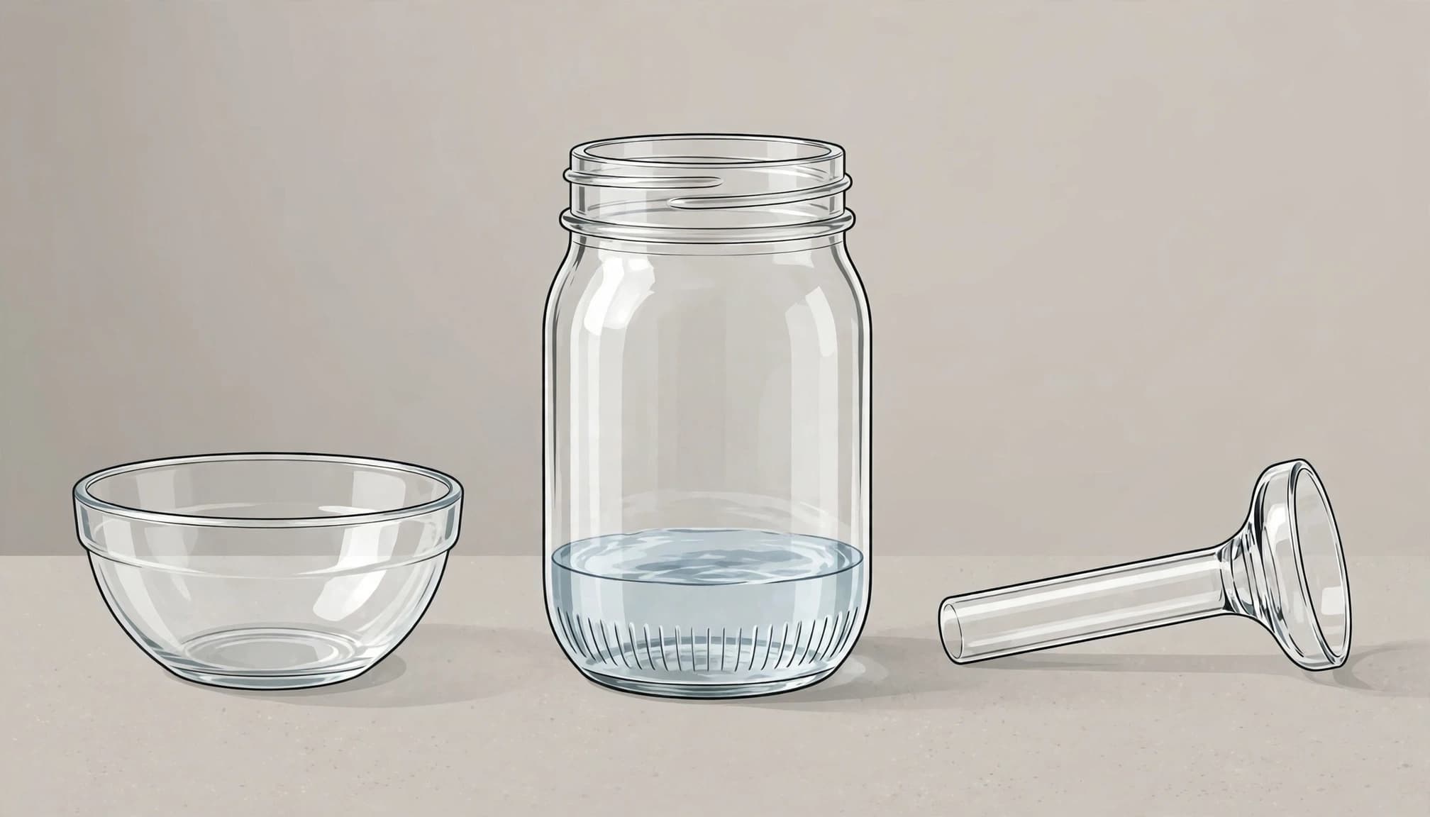 Glass jar with water beside a bowl and downstem.